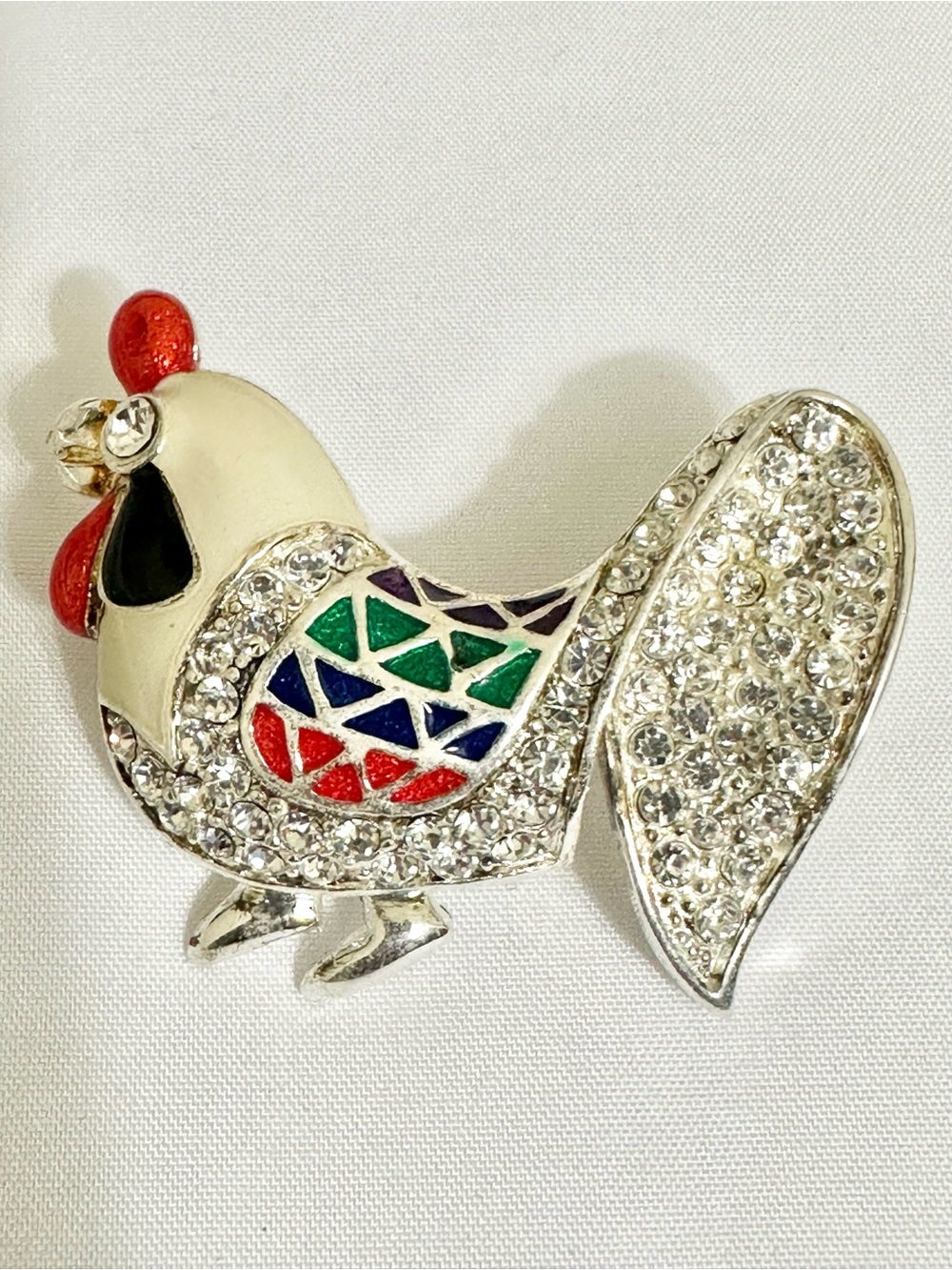 Vintage Multicolored Enamel w/Clear Crystals Rooster Brooch - Silver-Tone